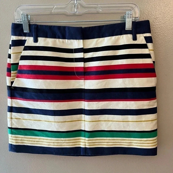 J Crew Officewear School‎ Mini Skirt Stripes Size 4 Style A2316 Blue Red White - Picture 1 of 5